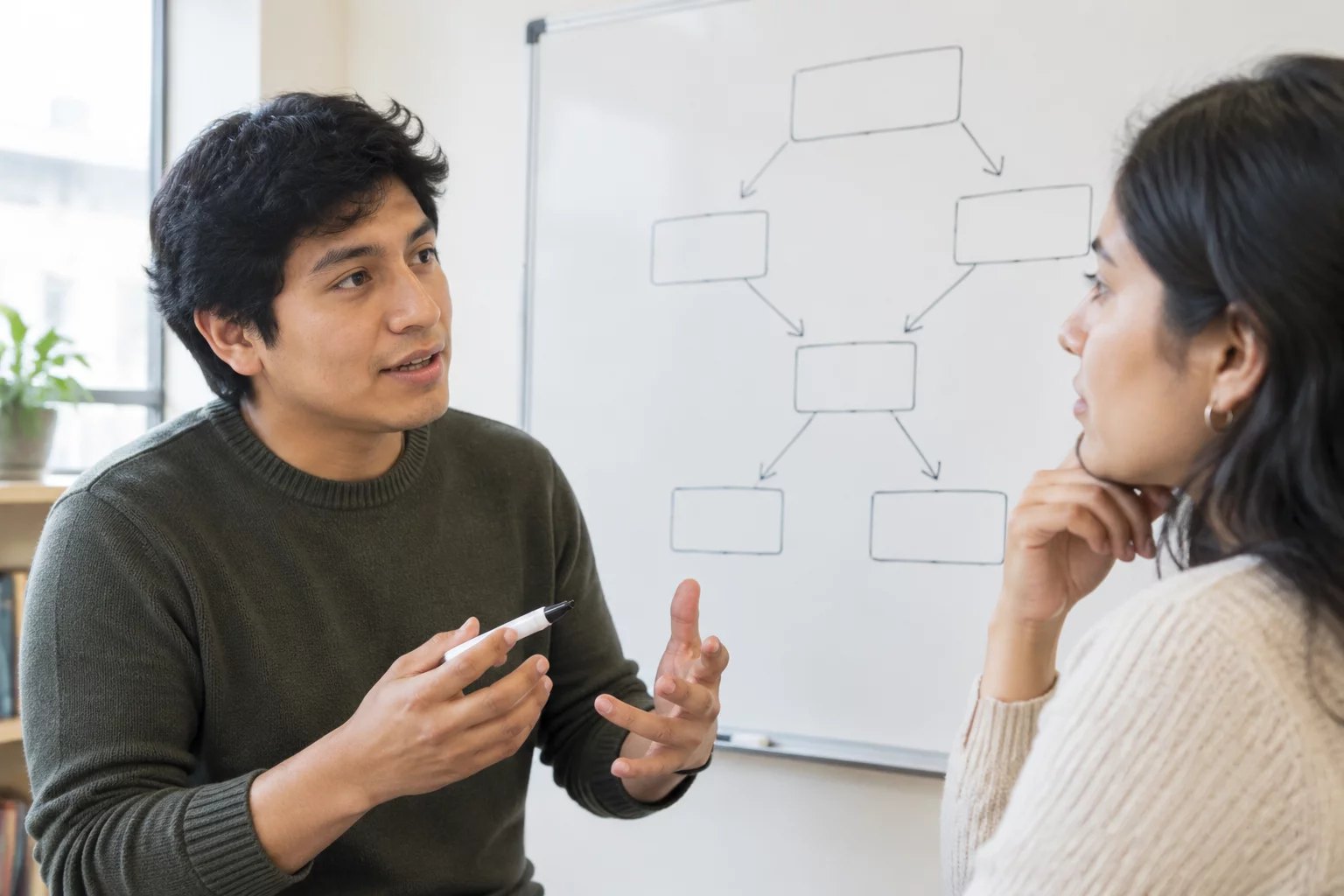 Dos personas trazando en la pizarra la estructura de un argumento