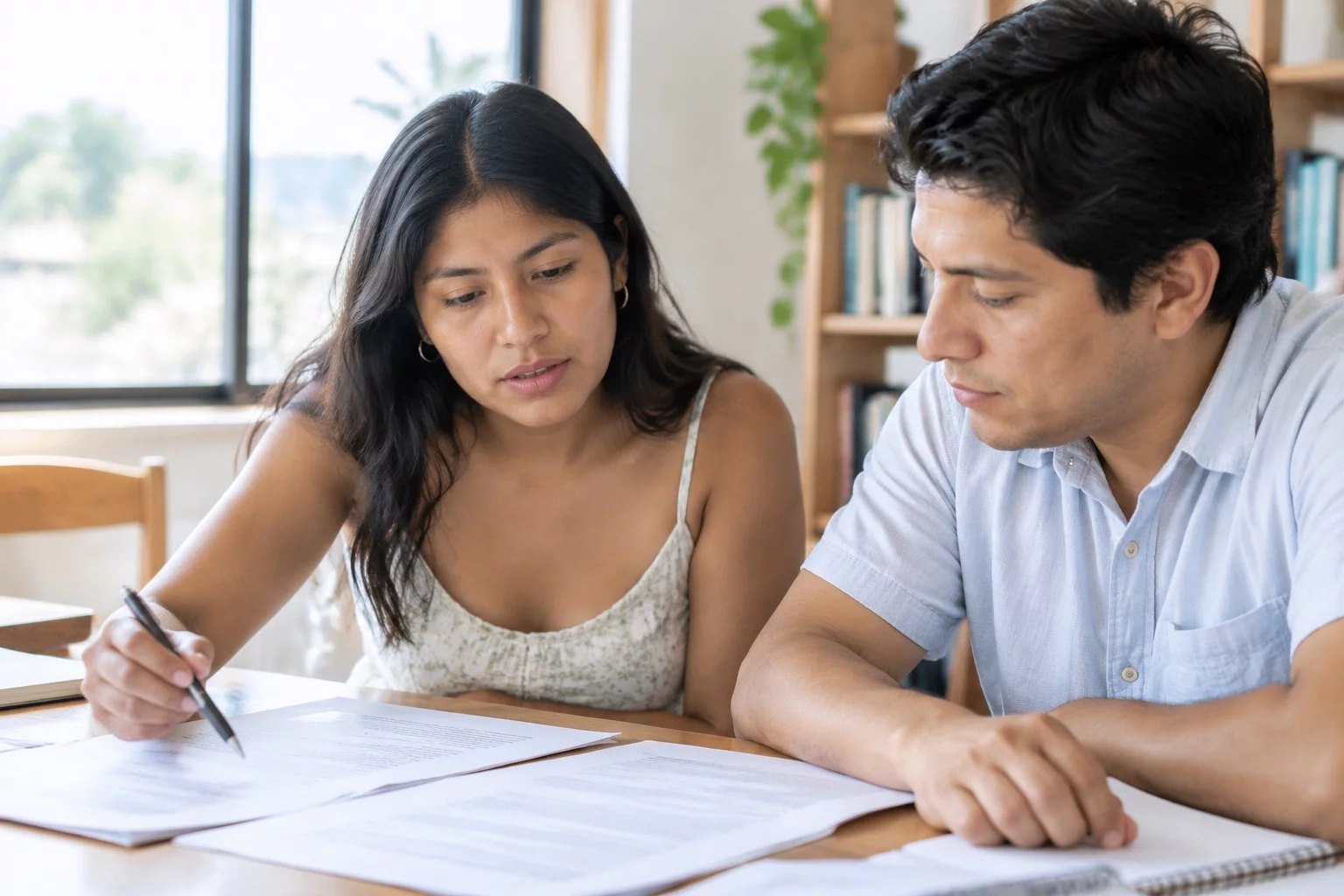 Dos personas revisando apuntes impresos sobre la mesa