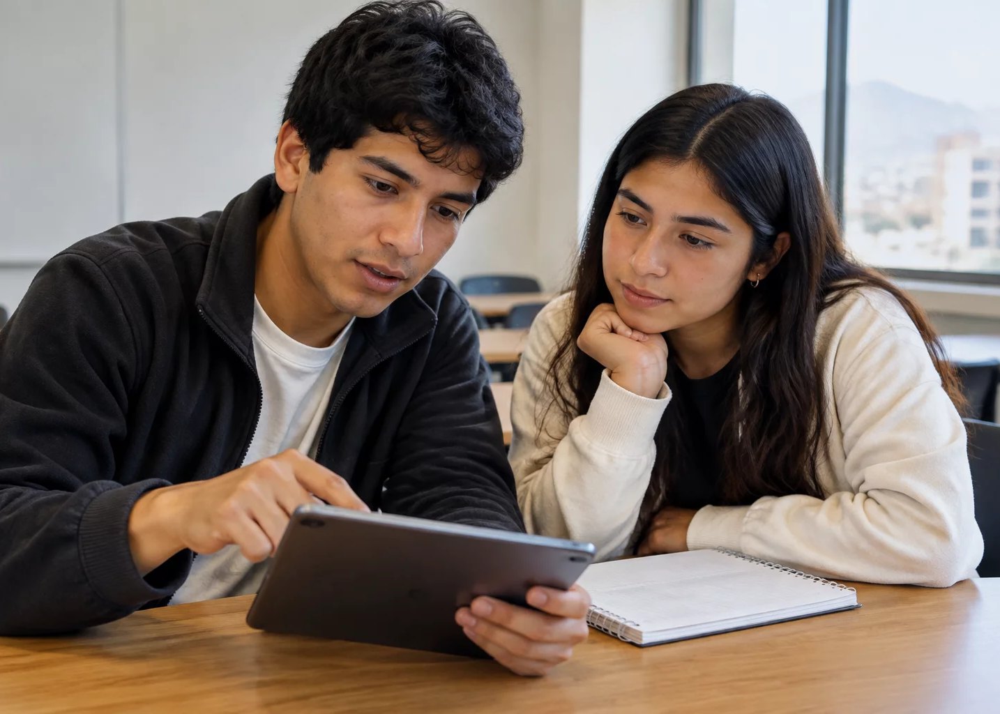 Dos colegas consultando sus notas en una tablet